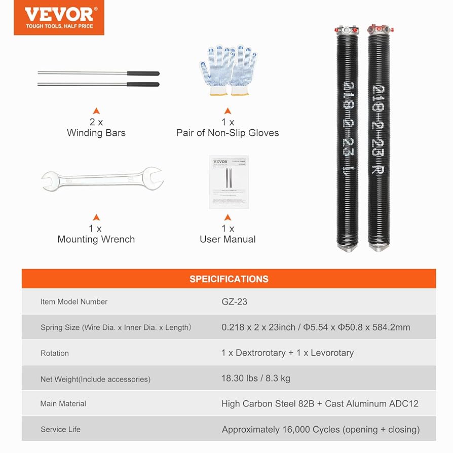 VEVOR GZ-23 Garage Door Torsion Springs, Pair of 0.218 x 2 x